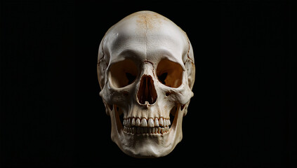黒背景に正面向きの頭蓋骨を精緻に捉えた標本ポートレート