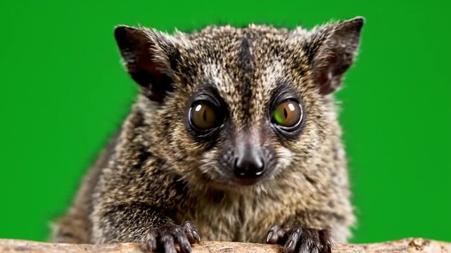 A close-up portrait of a small, furry lemur with large, expressive eyes looking directly forward against a vibrant green background.