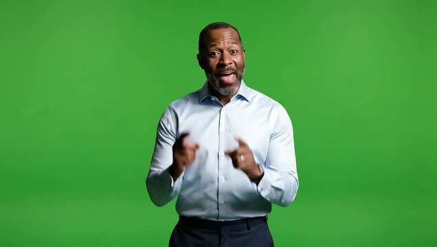 Man in white shirt enthusiastically gesturing in front of green background