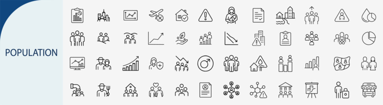 Population and demographics icons set, outline symbols for census data analysis society community human resources and urban growth vector illustration