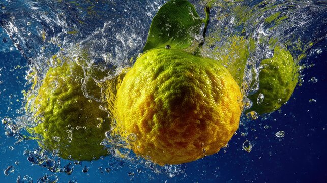 Vibrant Ugli Fruit splashing water tropical close-up vivid colors dynamic motion refreshing perfect for photography