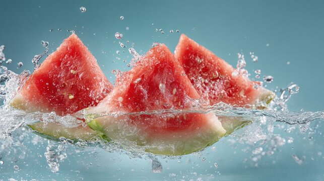 Fresh watermelon slices splashing water in high-speed photography crystal clear droplets vibrant summer background ultra-realistic macro style photo aesthetic