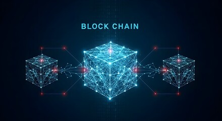 Three interconnected glowing cubes representing blockchain technology