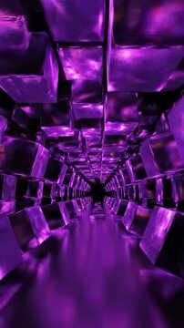 Abstract futuristic tunnel created from glowing purple reflective cubes