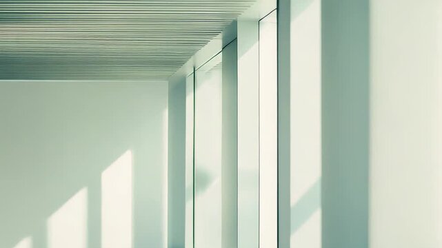 Modern minimalist corridor with white walls and slatted ceiling, sharp geometric light and shadow patterns creating a serene, spacious interior with strong perspective and clean lines