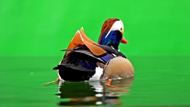 A vibrant mandarin duck with colorful plumage swimming gracefully on calm green water.