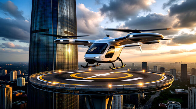 eVTOL air taxi landing at skyscraper vertiport