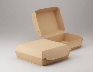 Open and closed eco takeaway box mockup
Two angles in one scene, realistic paper texture, mockup presentation style.