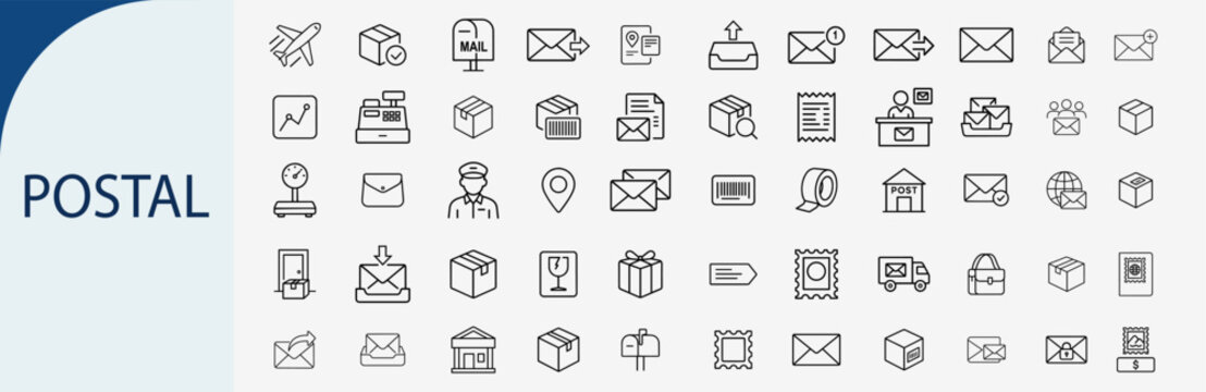 Postal and mail delivery icons set, outline symbols for shipping service courier logistics envelope package and express post vector illustration