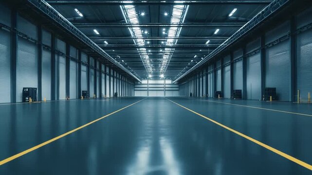 Clean and empty modern distribution warehouse interior with a vast concrete floor reflecting industrial lights, ready for logistics, storage, and supply chain operations