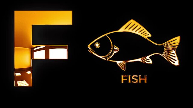 F alphabet text design with fish outline golden shine light animation video