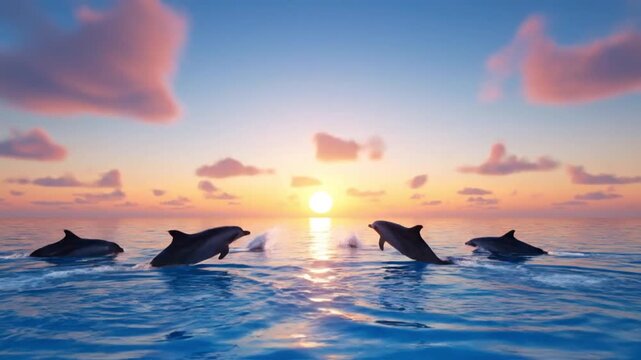 Dolphins swimming together in ocean at stunning sunset