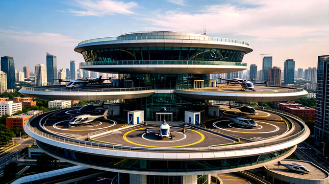 eVTOL air taxi at a modern city vertiport hub