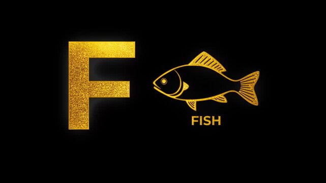 F alphabet text design with fish outline golden shine light animation video