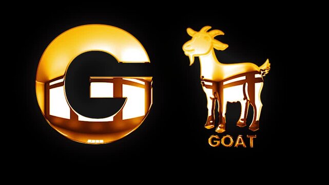 G alphabet text design with goat golden shine light animation video