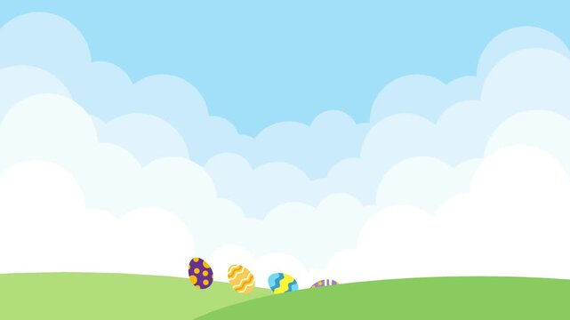 Colorful easter eggs loop animation smoothly roll over green meadow hills under white clouds and a clear blue sky. Concept of easter, spring celebrations, and holiday greetings.