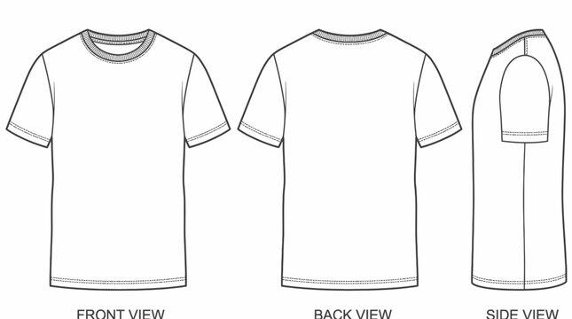 Blank white tshirt technical drawing template with front back and side views on white background, concept for fashion apparel design, clothing branding mockups and garment manufacturing specs