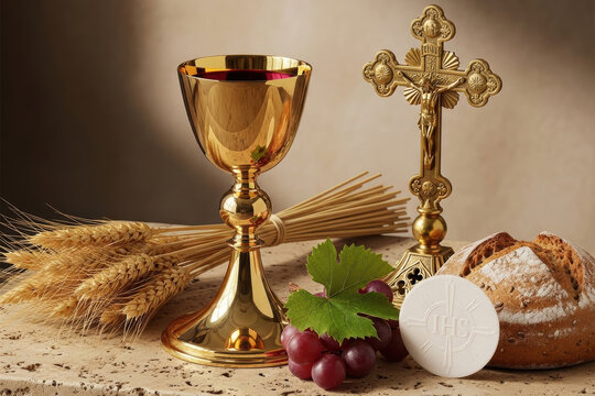 Holy Communion Elements with Golden Chalice, Cross, Bread, Wine and Wheat