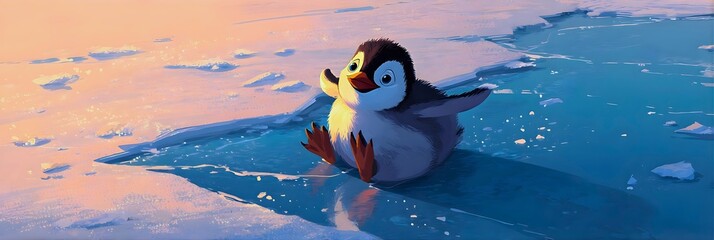 Cute puffin standing on melting ice with orange beak and feet on blue background