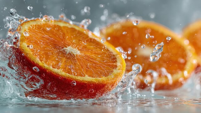 Bright orange slices splashing water crystal droplets refreshing citrus energy high-impact motion white background perfect for imagery