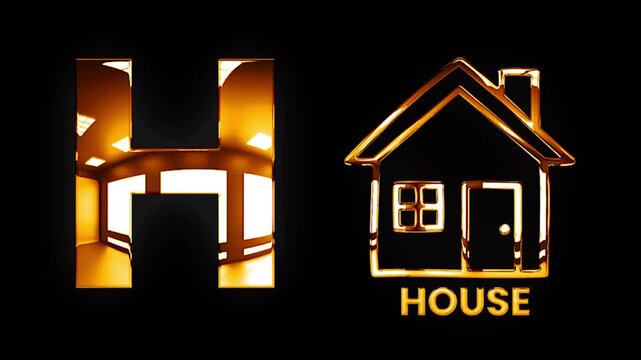 H alphabet text design with house golden shine light animation video