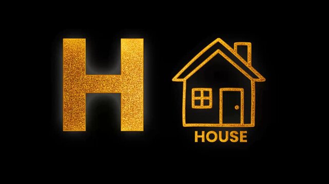 H alphabet text design with house golden glitters light animation video