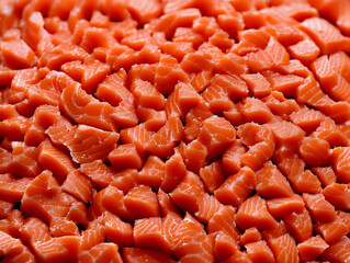 Fresh Salmon Cubes Cut into Pieces. Fresh Raw Salmon Background
