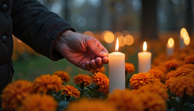Person lighting candle among marigold flowers at dusk
