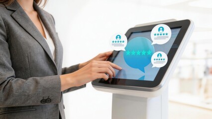 Woman interacting with touchscreen kiosk displaying ratings