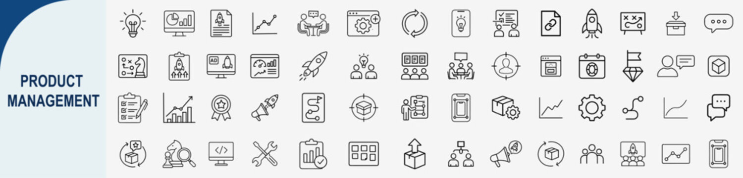 Product management and agile development icons set, outline symbols for project lifecycle roadmap strategy business workflow and production vector illustration