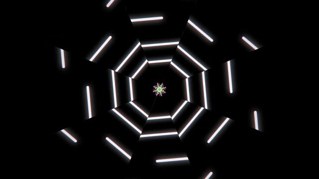 Glowing white octagonal tunnel with neon lines on black background