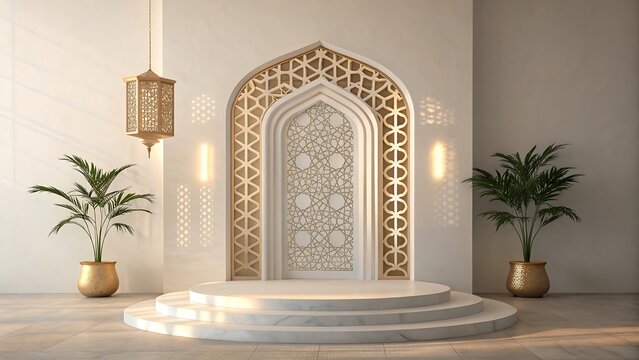 Islamic prayer inspired mockup with abstract mihrab arch and golden lantern in a bright studio