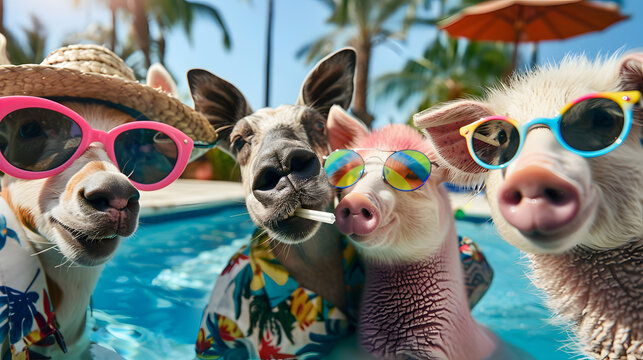 Realistic Close-up group selfie of stylish tropical animals