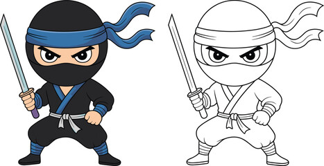 Cute ninja character illustration set, cartoon warrior with sword, colored and outline versions, Japanese martial arts mascot, kids design vector isolated on white background © Sophia Creatives
