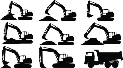 Excavator working process silhouettes vector set with digging stages and dump truck, construction earthmoving sequence, heavy machinery workflow icons, editable black vector illustration pack © Sophia Creatives