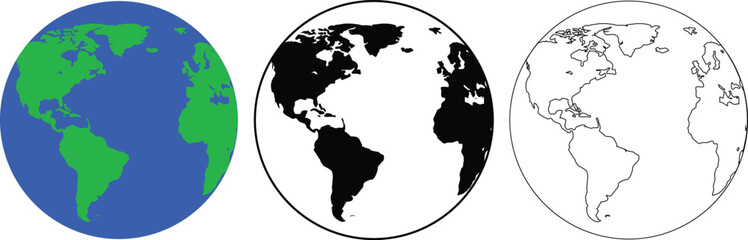Obraz premium World Globe Set in Color Silhouette and Outline Vector