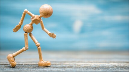 wooden man, wooden dummy, bent over due to back pain, isolated on background