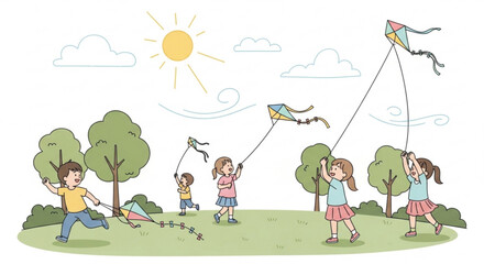 Obraz premium Children playing with colorful kites on a sunny day in a green field with trees