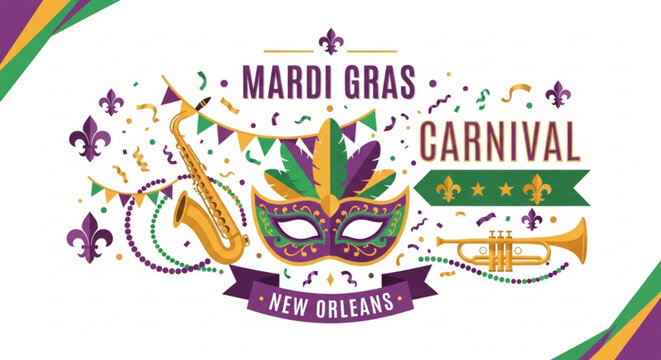 Mardi gras carnival celebration in new orleans with colorful mask saxophone and trumpet