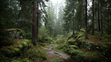 Fototapeta premium Moody forest landscape in Uppsala, Sweden nature reserve, misty woodland trees with soft overcast light, tranquil outdoor scenery background
