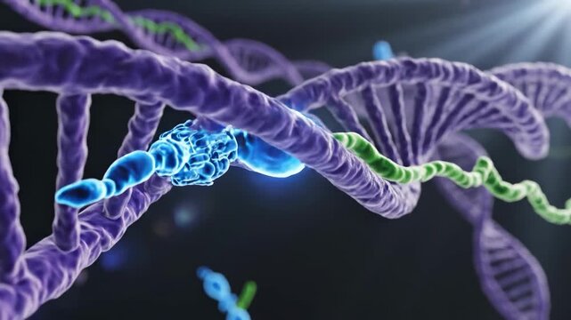 DNA strands with blue enzyme and green RNA on dark background