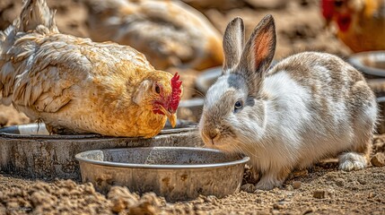 Peru and the chickens watching the jumping rabbit. Duck lying, carefree. Small farm animals.