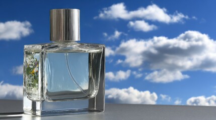 A glass bottle of perfume with a black cap on a plain background