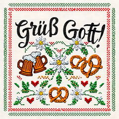 Decorative folk art style illustration with beer, pretzels, and traditional German Gr�� Gott greeting