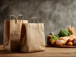 Brown paper grocery bag on wooden table with fresh bread vegetables and jars in soft side lighting, warm natural mood