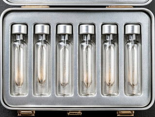 Minimal glass skincare ampoules refillable aluminum case with metallic caps, arranged foam tray, soft warm glow and high end cosmetic presentation