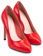 Two glossy, vibrant red high-heeled shoes are posed on a white background, slightly overlapping, showcasing their elegant form