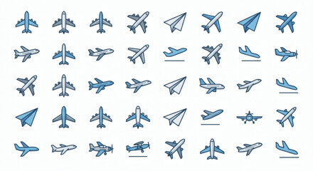 Fototapeta premium A minimalist collection of blue airplane icons on a white background. Includes air transportation, civil aviation, paper airplanes, jets, and commercial airlines for integrated global logistics design
