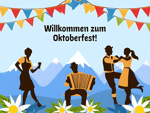 Cartoon Festival Illustration with Dancing Couples and Accordion Player in the Alps
