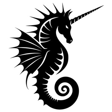 black unicorn seahorse silhouette illustration with wing and spiral horn, mythical fantasy creature symbol isolated on white background in elegant minimal design.
